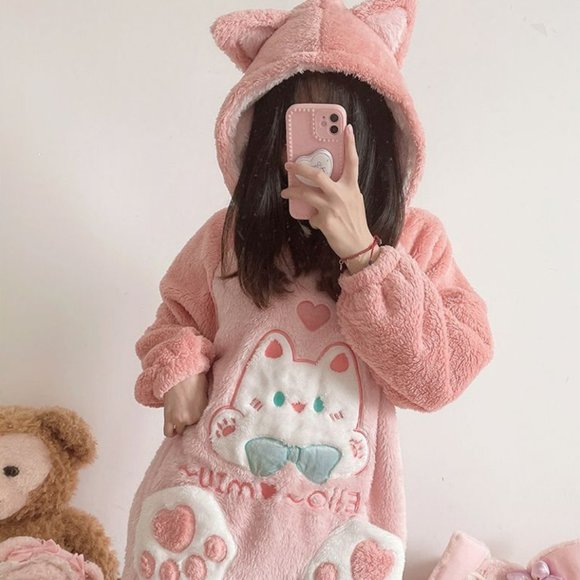 Neko Cat Pink Hooded One-Piece Pajama | Women Sleep Robe Onesie #157 - Picture 1 of 9